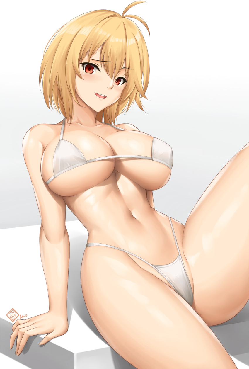 antenna_hair arcie_albano arcueid_brunestud arm_support bare_shoulders bikini blonde_hair breasts cleavage collarbone covered_nipples hair_between_eyes highleg highleg_bikini highres large_breasts light_blush linea_alba looking_at_viewer medium_hair navel open_mouth red_eyes signature simple_background sitting smile swimsuit tsukihime white_background white_bikini