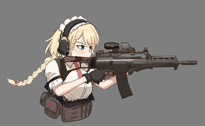 1girl absurdres aiming ammunition_pouch assault_rifle black_gloves blonde_hair blue_eyes braid chest_rig chrispy_tuna collared_shirt commentary ear_protection english_commentary eotech flash_hider folding_stock g36_(girls'_frontline) girls'_frontline gloves grey_background gun h&amp;k_g36k highres holding holding_gun holding_weapon long_hair magazine_(weapon) maid_headdress necktie optical_sight pouch red_necktie rifle shirt short_sleeves simple_background solo tactical_clothes trigger_discipline upper_body weapon white_shirt