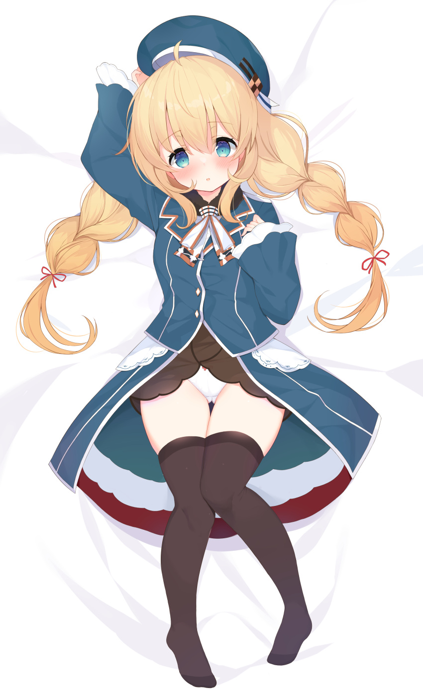 1girl absurdres aged_down ahoge alternate_hairstyle atago_(kancolle) bangs bed_sheet beret black_thighhighs blonde_hair blue_eyes blue_headwear blush dakimakura_(medium) full_body hair_between_eyes hair_ribbon hat highres kagerou_(shadowmage) kantai_collection knees_together_feet_apart long_hair long_sleeves panties parted_lips red_ribbon ribbon solo thighhighs underwear uniform white_panties