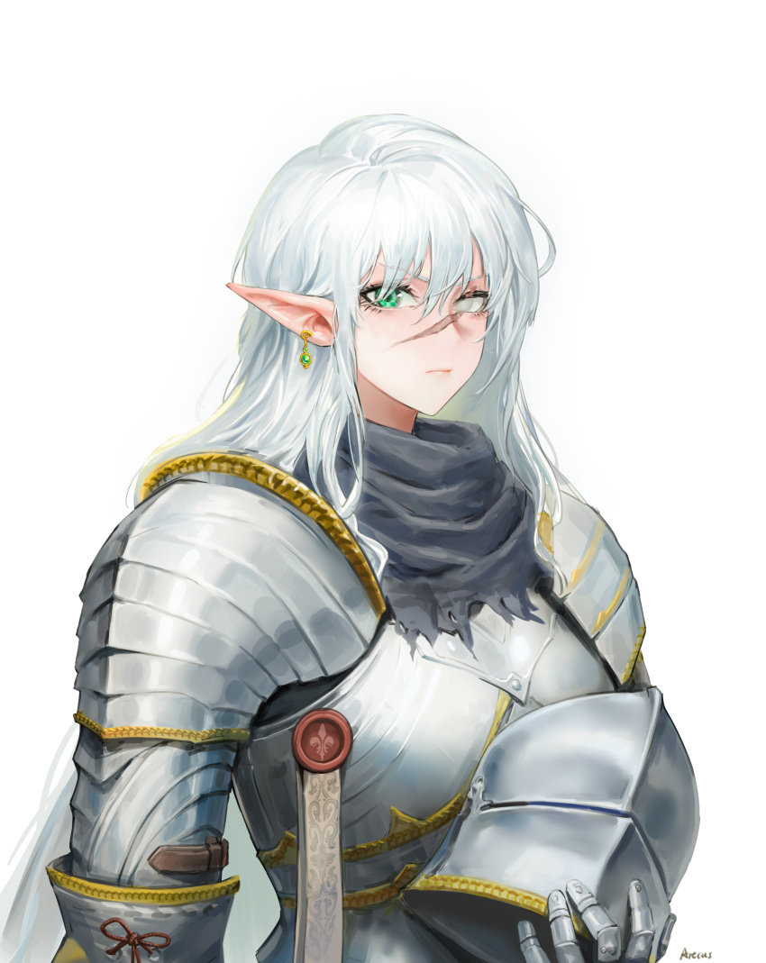 1girl absurdres arecus armor artist_name bangs chinese_commentary closed_mouth earrings elf full_armor green_eyes headwear_removed helmet helmet_removed highres holding holding_helmet jewelry knight long_hair looking_at_viewer original partially_blind pauldrons pointy_ears scar scar_across_eye scar_on_face scar_on_nose serious shoulder_armor solo upper_body white_background white_hair