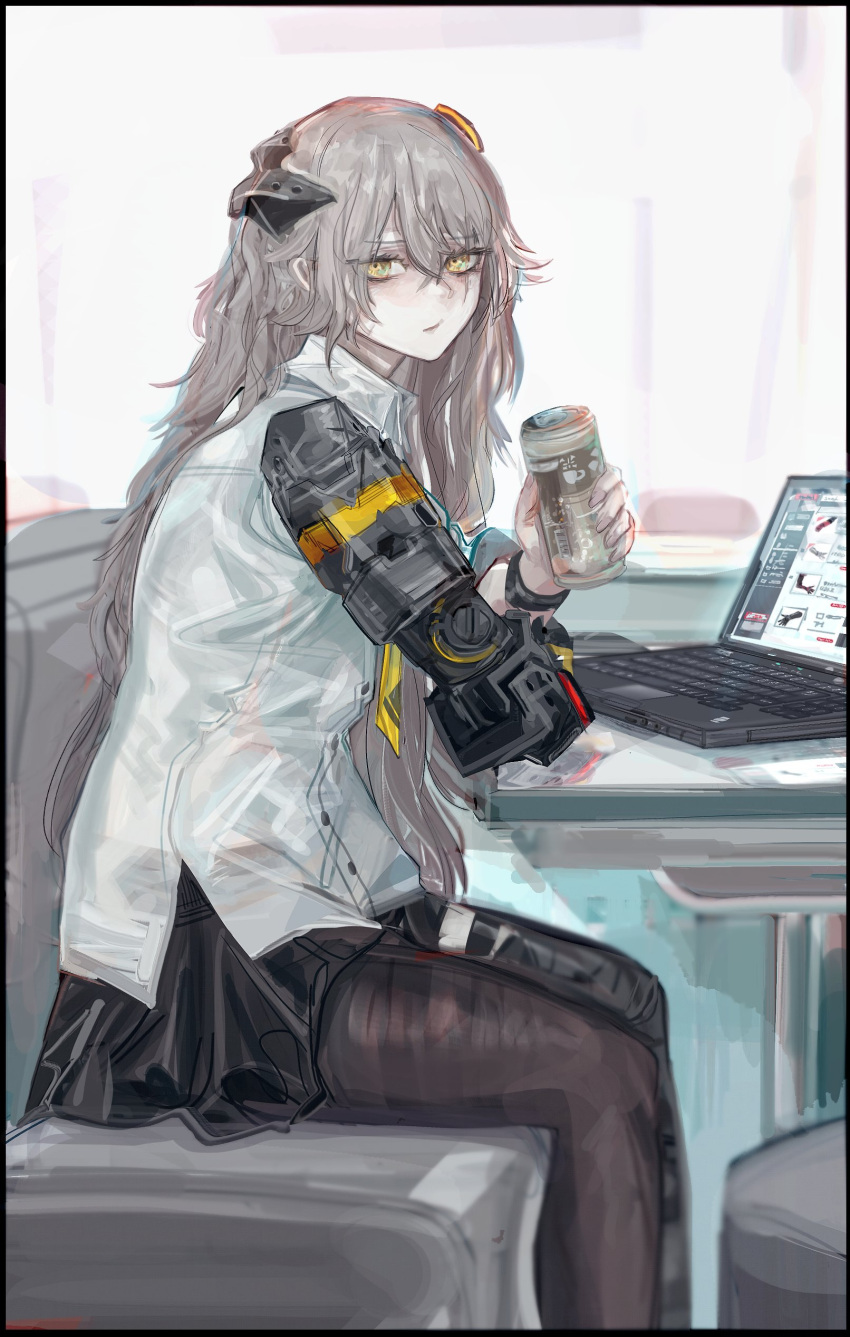 1girl absurdres arm_on_table black_skirt booth_seating brown_hair can canned_coffee collared_shirt commentary computer english_commentary feet_out_of_frame from_side girls'_frontline hair_between_eyes headgear highres holding holding_can laptop long_hair looking_at_viewer mechanical_arms messy_hair mod3_(girls'_frontline) nslacka pantyhose pleated_skirt scar scar_across_eye shirt single_leg_pantyhose single_mechanical_arm sitting skirt solo table ump45_(girls'_frontline) white_shirt yellow_eyes