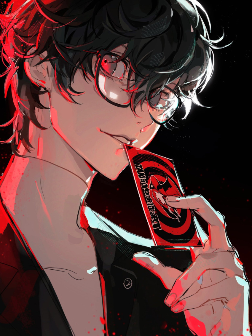 1boy amamiya_ren bangs binxngchng1 black_background black_hair black_jacket calling_card glasses grey_eyes hair_between_eyes highres holding jacket looking_at_viewer male_focus parted_lips persona persona_5 school_uniform shirt shuujin_academy_school_uniform simple_background solo white_shirt