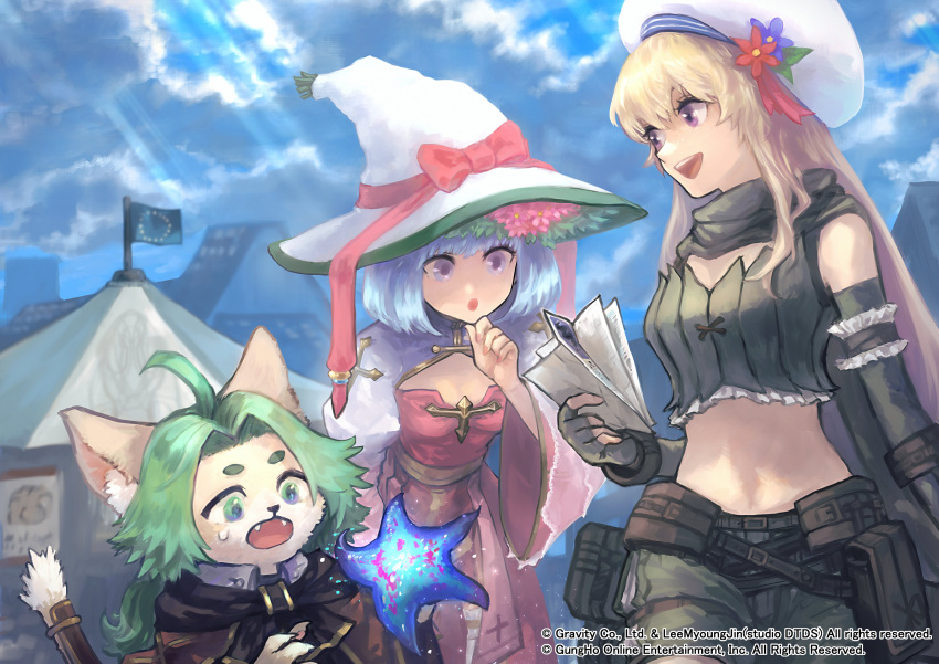 1boy 2girls :p absurdres ahoge arch_bishop_(ragnarok_online) bangs belt blonde_hair blue_eyes blue_flower blue_hair blue_sky bow bra_strap breasts brown_belt brown_capelet capelet cat_boy cleavage_cutout clothing_cutout cloud cloudy_sky commentary_request cowboy_shot cross dress fangs fingerless_gloves flag flower frilled_thighhighs frills furry furry_male gloves green_eyes green_gloves green_hair green_scarf green_shorts green_tube_top hat hat_bow hat_flower highres juliet_sleeves leaf_hat_ornament light_rays long_hair long_sleeves medium_breasts midriff mogukk multiple_girls open_mouth pelvic_curtain pouch puffy_sleeves purple_eyes ragnarok_online ranger_(ragnarok_online) red_bow red_dress red_flower sash scarf short_hair shorts sky starfish strapless summoner_(ragnarok_online) sunbeam sunlight tam_(ragnarok_online) tent thighhighs tongue tongue_out tube_top two-tone_dress white_dress white_headwear white_thighhighs witch_hat yellow_sash