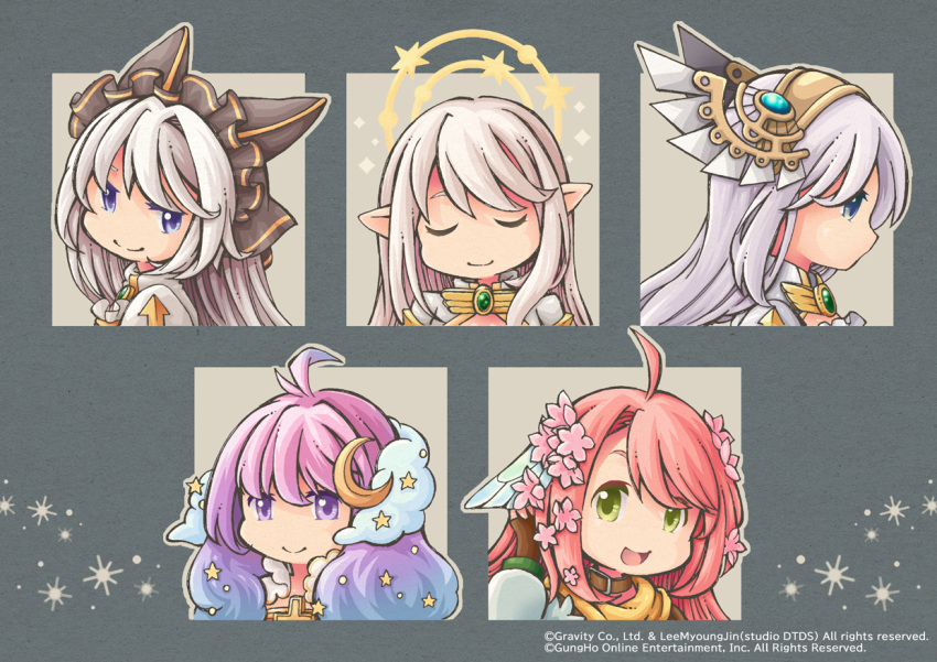 5girls ahoge arch_bishop_(ragnarok_online) bangs blue_eyes blue_hair brooch closed_mouth commentary_request cowboy_shot crescent crescent_hair_ornament cross gem gold_hairband gradient_hair green_eyes green_gemstone hair_between_eyes hair_ornament hairband halo jewelry long_hair multicolored_hair multiple_girls open_mouth pink_hair pointy_ears portrait profile purple_eyes purple_hair ragnarok_online ranger_(ragnarok_online) shiyunako smile star_(symbol) white_hair