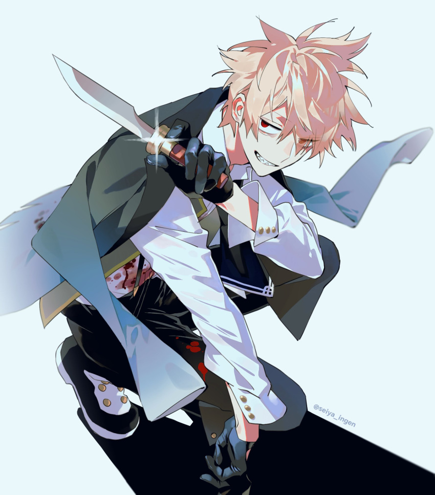 1boy ascot black_ascot black_footwear black_gloves black_pants blonde_hair blood blood_on_clothes collared_shirt eyes_visible_through_hair fate/grand_order fate_(series) full_body glint gloves grey_vest grin hair_between_eyes half_gloves highres holding holding_knife jacket jacket_on_shoulders jekyll_and_hyde_(fate) knife looking_at_viewer male_focus open_clothes open_vest pants red_eyes seiya_ingen sharp_teeth shirt short_hair simple_background smile solo spiked_hair squatting suspenders teeth vest white_background white_shirt