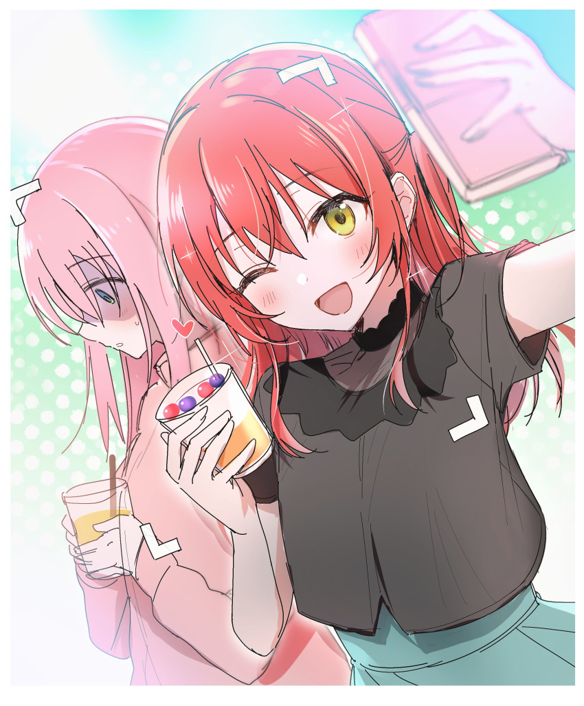 2girls absurdres blue_eyes bocchi_the_rock! bubble_tea cellphone gotou_hitori hair_between_eyes heart highres kirisawa_saki kita_ikuyo multiple_girls one_eye_closed one_side_up phone pink_hair red_hair selfie smartphone tagme