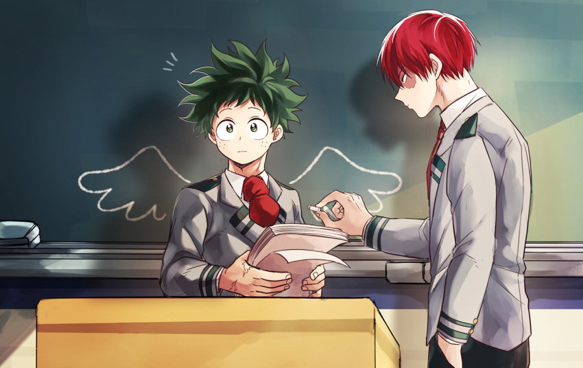 2boys :| bangs black_pants blazer blue_eyes board_eraser boku_no_hero_academia bright_pupils burn_scar chalk chalkboard classroom closed_mouth collared_shirt curly_hair double_horizontal_stripe drawing drawn_wings freckles green_eyes green_hair hand_in_pocket hand_up hands_up head_down holding holding_chalk holding_paper indoors jacket long_sleeves looking_afar looking_at_another male_focus midoriya_izuku multicolored_hair multiple_boys necktie notice_lines outstretched_arm pants paper profile raised_eyebrows red_hair red_necktie reiquil scar scar_on_face scar_on_hand school_uniform shadow shirt short_hair sidelighting slouching standing straight_hair todoroki_shouto turning_head two-tone_hair u.a._school_uniform upper_body white_hair white_pupils white_shirt wings