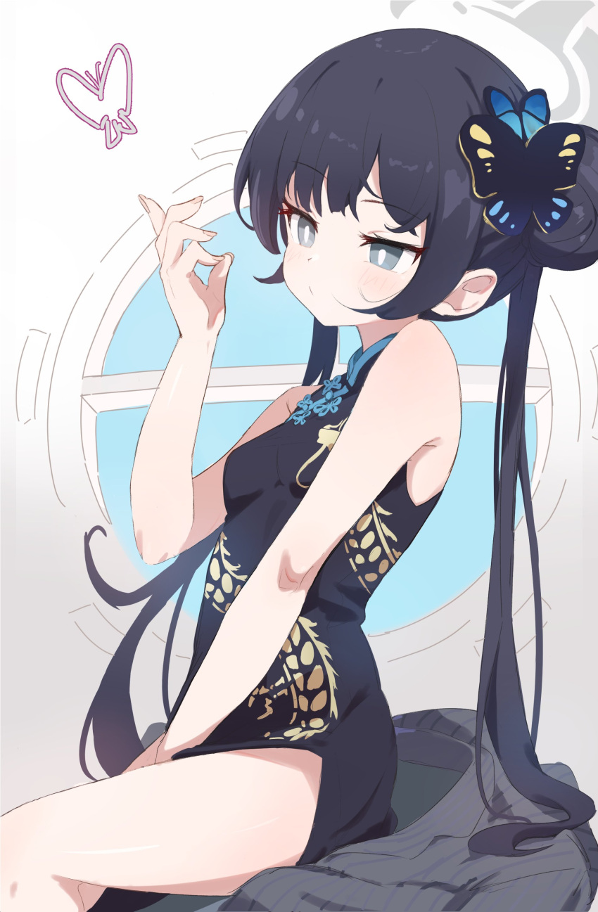 1girl absurdres bare_shoulders black_dress black_hair blue_archive blush breasts bright_pupils bug butterfly butterfly_hair_ornament china_dress chinese_clothes coat coat_removed cowboy_shot double_bun dragon_print dress fingernails grey_coat grey_eyes hair_bun hair_ornament halo highres kisaki_(blue_archive) long_fingernails long_hair pinstripe_pattern print_dress side_slit sitting sleeveless sleeveless_dress small_breasts solo striped twintails vertical-striped_coat wep16night white_pupils window
