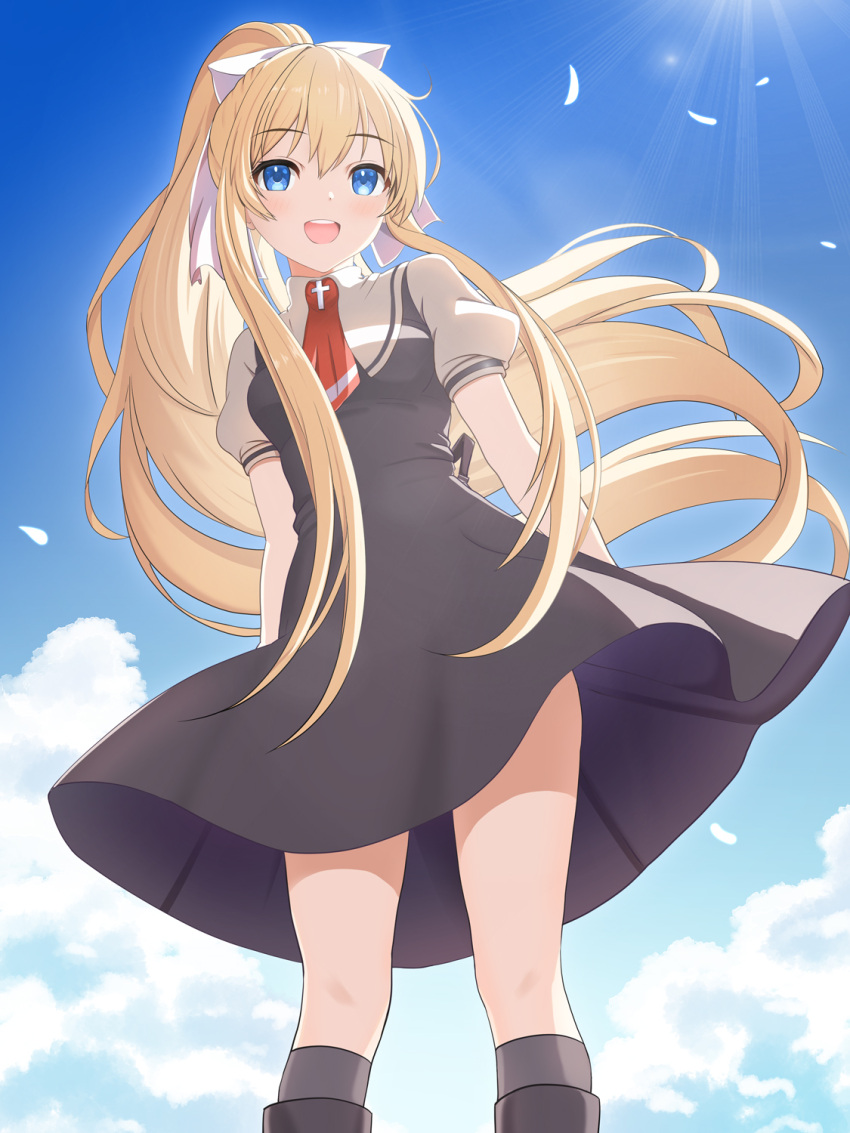 1girl air_(visual_novel) arms_behind_back ascot black_dress blonde_hair blue_eyes blue_sky cloud collared_shirt commentary_request dogu_illust dress dress_shirt feet_out_of_frame grey_socks hair_ribbon highres kamio_misuzu kneehighs long_hair looking_at_viewer pinafore_dress ponytail red_ascot ribbon school_uniform shirt sky smile socks solo very_long_hair yellow_shirt