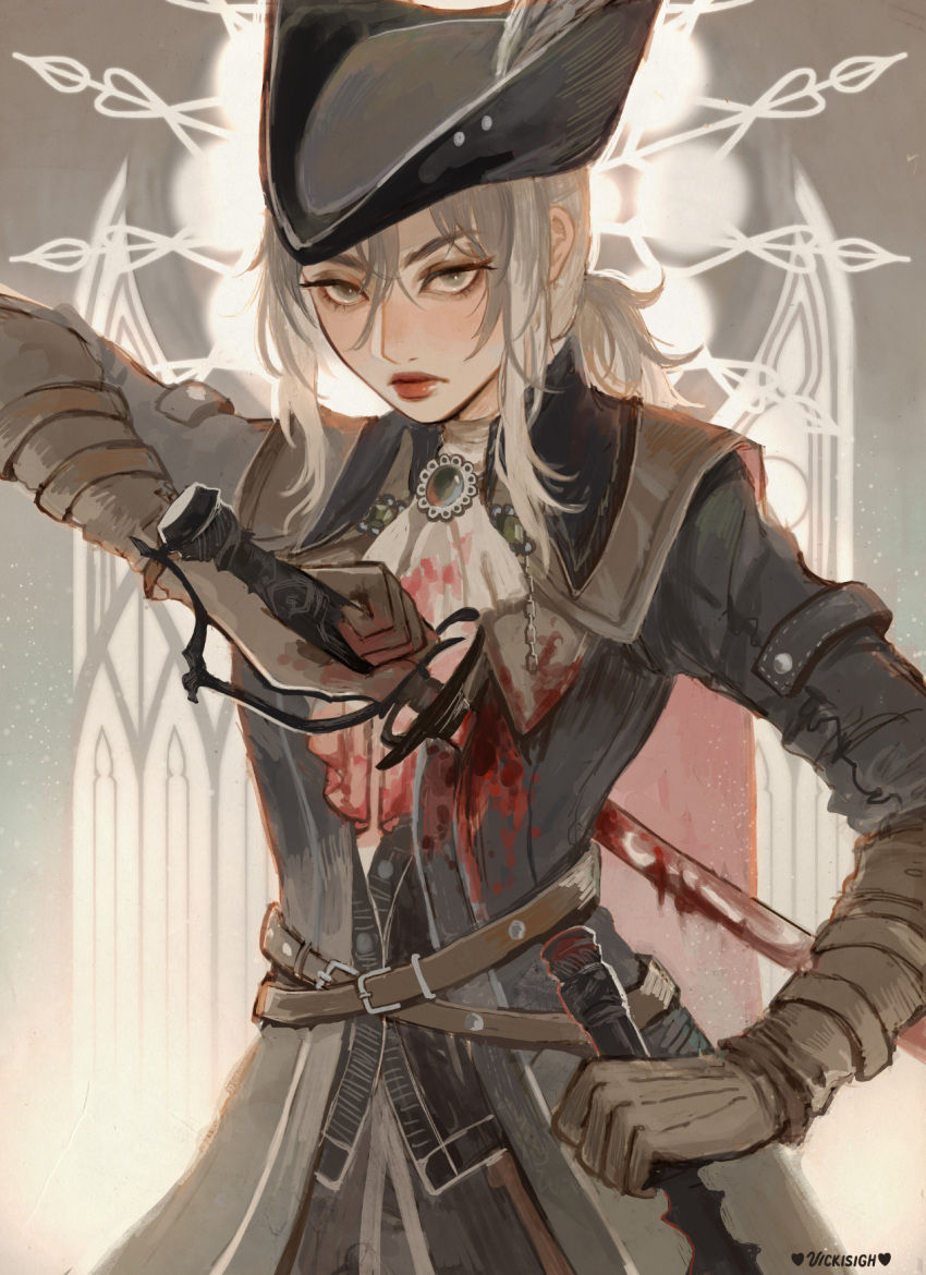 1girl artist_name ascot bangs black_coat blood blood_on_clothes bloodborne brown_gloves coat commentary frown gloves grey_eyes hat_feather highres holding holding_weapon impaled lady_maria_of_the_astral_clocktower mace ponytail red_lips solo sword vicki_tsai weapon white_ascot white_hair