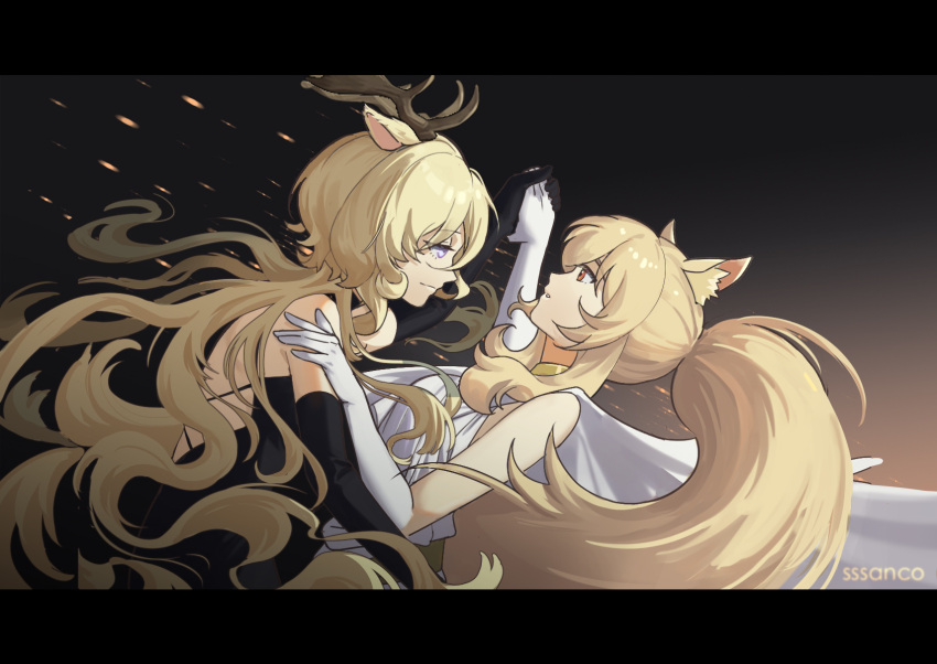 animal_ear_fluff animal_ears arknights black_dress black_gloves blonde_hair blue_eyes brown_eyes deer_antlers deer_ears deer_girl dress elbow_gloves gloves highres horse_ears horse_girl long_hair nearl_(arknights) ponytail viviana_(arknights) waltz_(dance) white_dress white_gloves yantong830