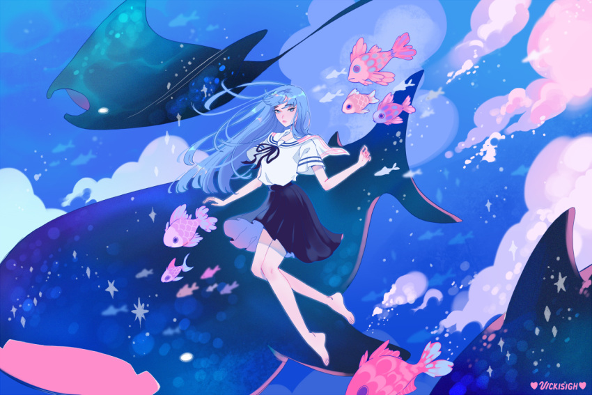 1girl artist_name barefoot blue_eyes blue_hair commentary english_commentary fish full_body long_hair medium_skirt original pleated_skirt school_uniform serafuku skirt star_(symbol) stingray underwater vicki_tsai whale