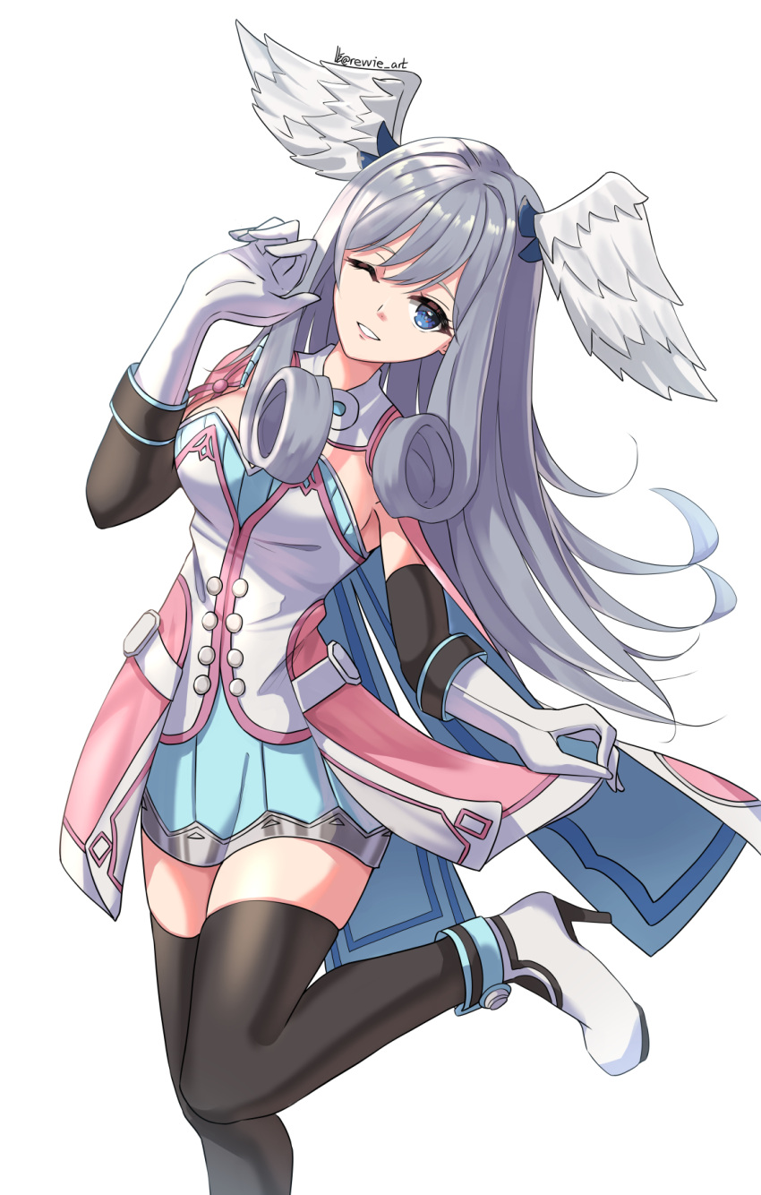 1girl blue_eyes breasts curly_hair dress gloves grey_hair head_wings highres juliet_sleeves long_hair long_sleeves looking_at_viewer magic medium_breasts melia_antiqua one_eye_closed puffy_sleeves revvie short_dress simple_background smile solo thighhighs xenoblade_chronicles_(series) xenoblade_chronicles_1 xenoblade_chronicles_3