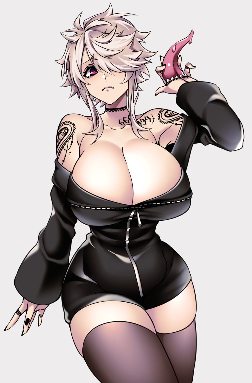 1girl absurdres bare_shoulders black_jacket breasts breasts_out choker cleavage curvy extra_mouth gothic grey_hair hand_mouth highres huge_breasts hz_(murder_license_) jacket large_breasts narrow_waist nervous one_eye_covered original paid_reward_available plump red_eyes short_hair short_hair_with_long_locks shoulder_tattoo shy sullivan_(camui_kamui) tattoo thick_thighs thighhighs thighs tongue tongue_out white_hair