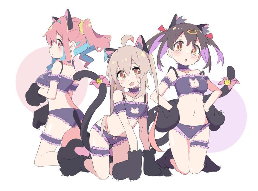 3girls ahoge all_fours animal_ears animal_hands breasts cat_ears cat_lingerie cat_paws cat_tail commentary_request hands_on_hips highres hozuki_kaede large_breasts meme_attire multicolored_hair multiple_girls navel onii-chan_wa_oshimai! oyama_mahiro oyama_mihari tail teira_(ooxoo) twintails