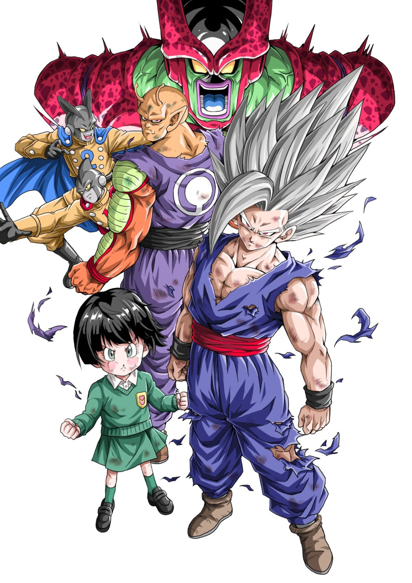 1girl 5boys angry antennae biceps black_footwear black_hair black_sash black_wristband blue_cape blue_tongue boots brown_footwear buttons cape cell_max child clenched_hands closed_mouth collared_shirt colored_skin colored_tongue commentary_request double-breasted dougi dragon_ball dragon_ball_super dragon_ball_super_super_hero father_and_daughter female_child frown full_body gamma_1 gamma_2 gohan_beast green_eyes green_skin green_skirt green_socks green_sweater grey_hair highres jacket kindergarten_uniform long_sleeves looking_at_viewer looking_back multiple_boys muscular muscular_male namekian no_eyebrows open_mouth orange_piccolo orange_skin outstretched_arm pan_(dragon_ball) pants pectorals piccolo pointy_ears red_cape red_eyes red_sash sash school_uniform scratches serious shirt shoes short_hair simple_background skirt smile socks son_gohan spiked_hair standing sweater teeth tongue torn_clothes upper_body v-shaped_eyebrows white_background white_shirt wing_collar wristband yellow_eyes yellow_jacket yellow_pants youngjijii