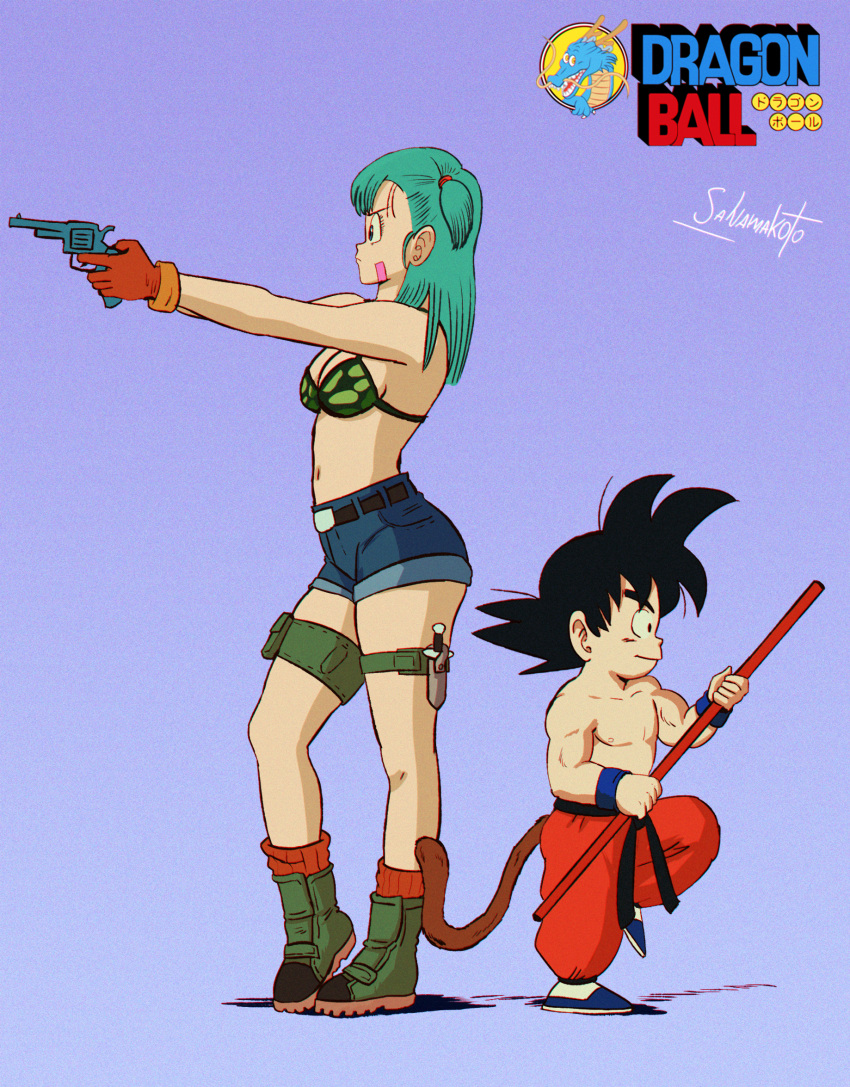 1980s_(style) 1boy 1girl aqua_hair artist_name belt bikini bikini_top_only black_belt black_hair blue_shorts boots breasts brown_gloves bulma child commentary commission copyright_name dragon_ball dragon_ball_(classic) from_side full_body gloves gun highres holding holding_gun holding_weapon male_child monkey_tail nyoibo retro_artstyle salvamakoto sash shorts simple_background son_goku spanish_commentary spiked_hair standing swimsuit tail thighlet topless_male weapon wristband