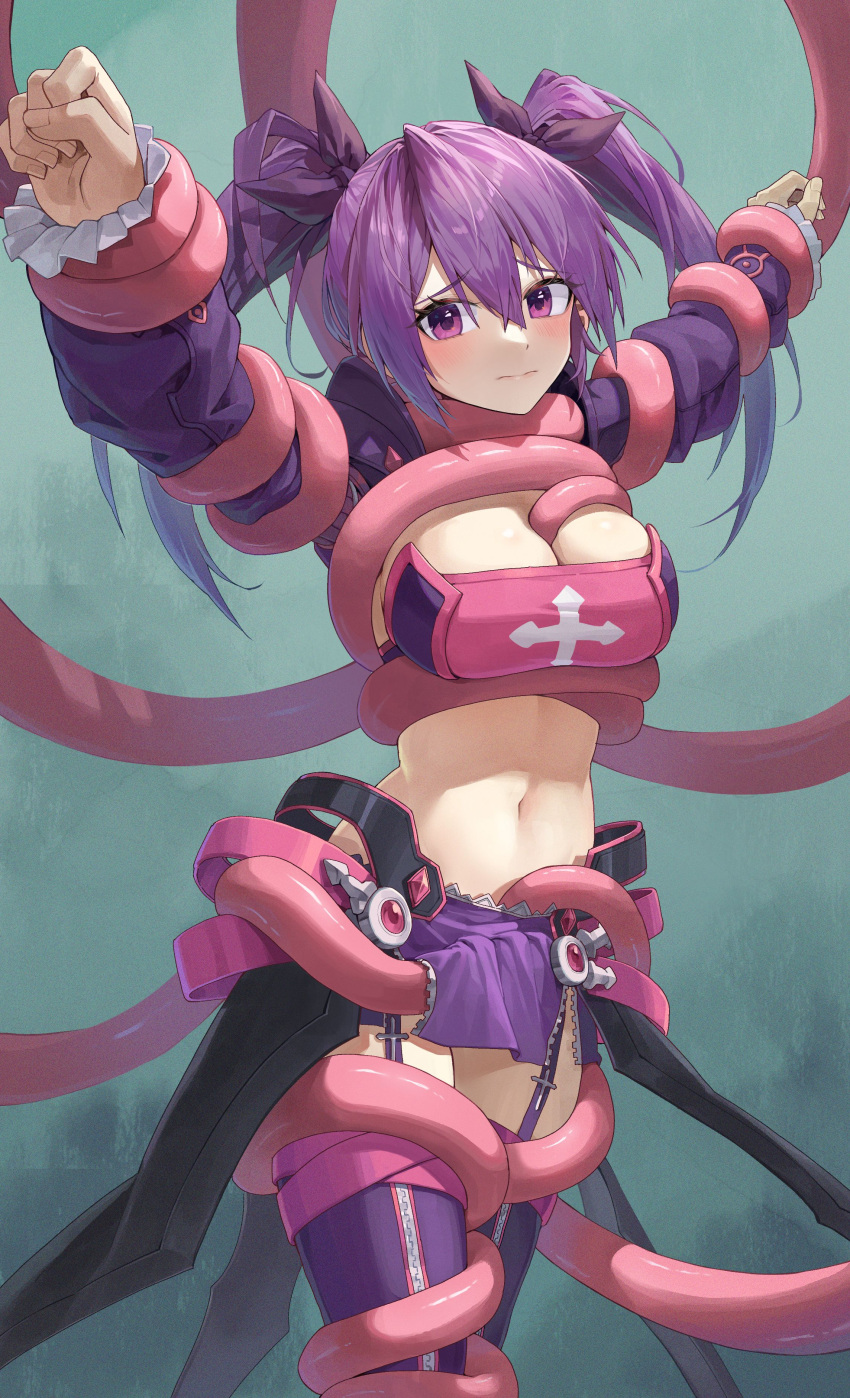1girl absurdres aisha_landar armor arms_up bandeau breasts cleavage closed_mouth commission elsword faulds frilled_sleeves frills frown garter_straps hair_ribbon highres juliet_sleeves kokukyukeo large_breasts long_hair long_sleeves looking_at_viewer midriff miniskirt navel outstretched_arms pelvic_curtain puffy_sleeves purple_eyes purple_hair purple_skirt purple_thighhighs restrained revealing_clothes ribbon shrug_(clothing) skirt solo stomach strapless tailcoat tentacles tentacles_under_clothes thighhighs thighs tube_top twintails void_princess_(elsword) zettai_ryouiki zipper