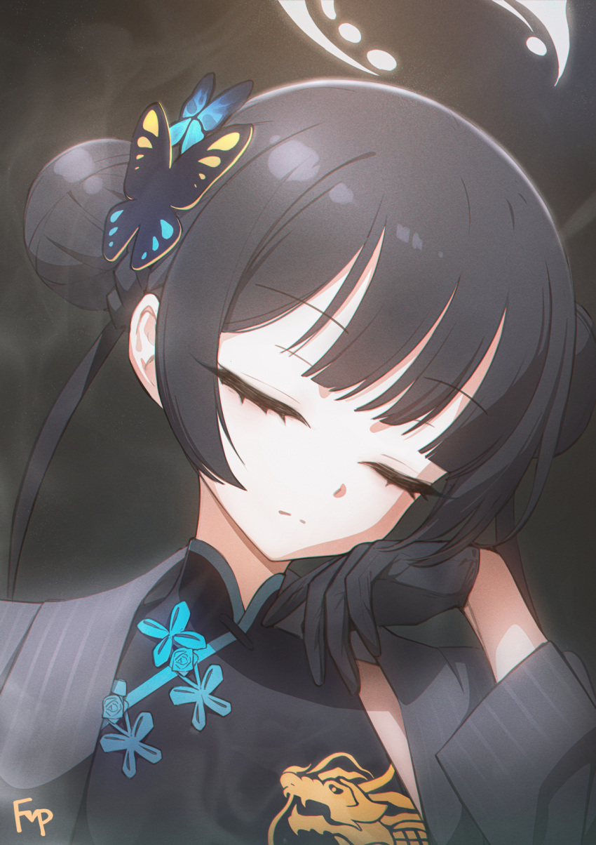 1girl bangs black_dress black_gloves black_hair blue_archive butterfly_hair_ornament china_dress chinese_clothes closed_eyes closed_mouth coat commentary double_bun dragon_print dress fpanda gloves hair_bun hair_ornament halo highres kisaki_(blue_archive) long_hair long_sleeves open_clothes open_coat signature simple_background smoke solo twintails upper_body