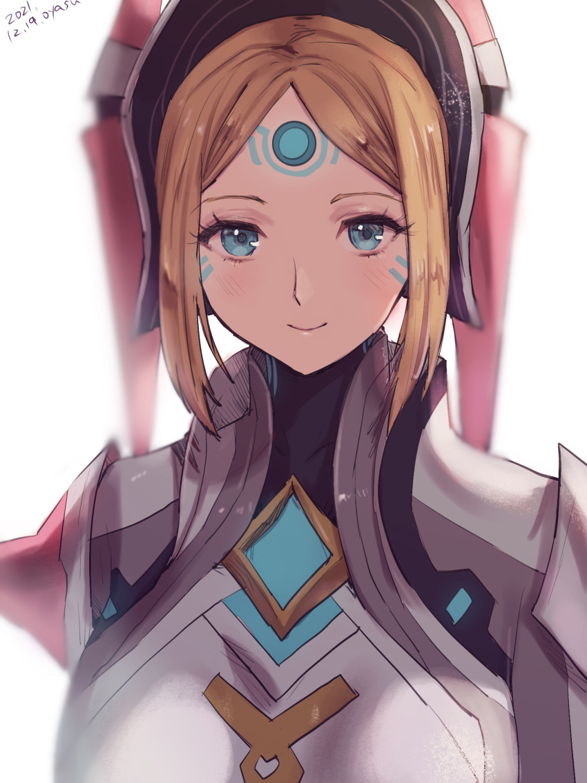 1girl 2021 agate_(xenoblade) bangs blonde_hair blue_eyes breasts chest_jewel closed_eyes dated forehead_jewel hat highres looking_at_viewer medium_hair oyasu_(kinakoyamamori) revision simple_background smile solo upper_body white_background xenoblade_chronicles_(series) xenoblade_chronicles_2