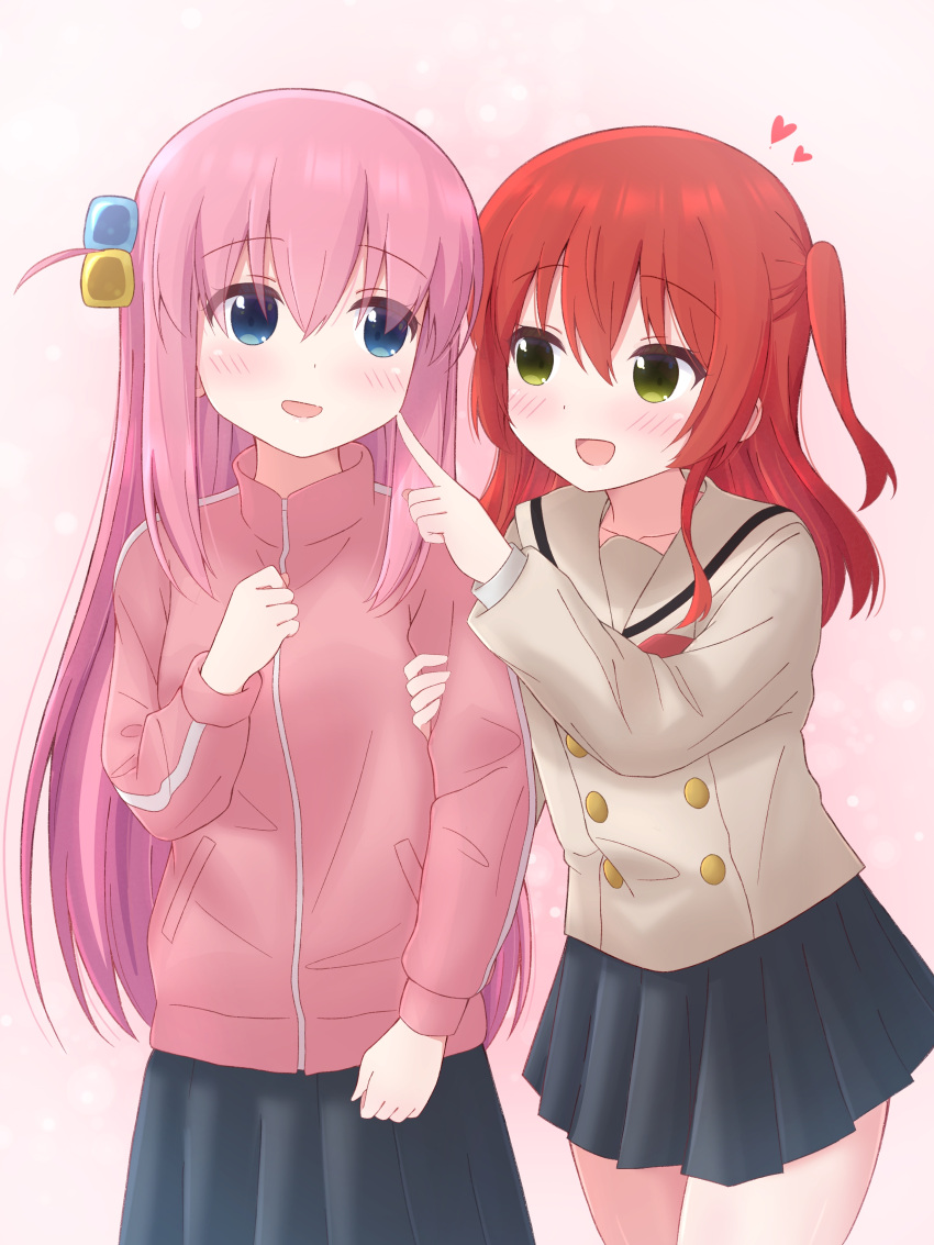 2girls absurdres bangs blue_eyes blush bocchi_the_rock! cartelet_cocoa cube_hair_ornament gotou_hitori hair_between_eyes hair_ornament heart highres holding_another's_arm jacket kita_ikuyo multiple_girls one_side_up pink_hair pink_track_suit red_hair school_uniform shuka_high_school_uniform tagme track_jacket yuri