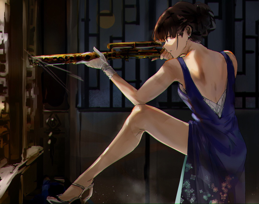 1girl arm_on_knee balcony bangs bare_arms bare_back bare_legs bare_shoulders bass_flute black_footwear blue_dress blunt_bangs cocktail_dress commentary commentary_request dress earrings english_commentary flute from_side funi_mu9 gloves gun high_heels highres holding holding_gun holding_instrument holding_weapon inoue_takina instrument jewelry long_dress lycoris_recoil mission:_impossible mission:_impossible_-_rogue_nation mixed-language_commentary parted_lips print_dress purple_eyes rifle scope short_hair silver_footwear sniper_rifle solo squatting toes weapon white_gloves wind