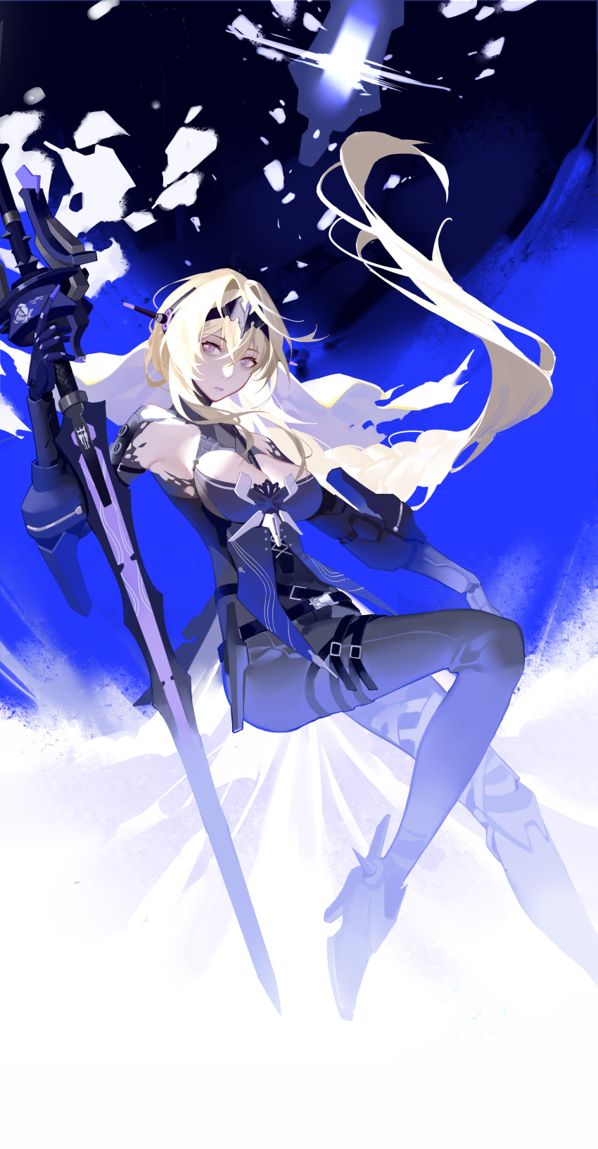 1girl absurdres belt bianca_(punishing:_gray_raven) blonde_hair fading floating headband high_heels highres holding holding_sword holding_weapon light long_hair looking_at_viewer mechanical_parts ponytail punishing:_gray_raven purple_eyes shining sword thick_eyelashes weapon xe367