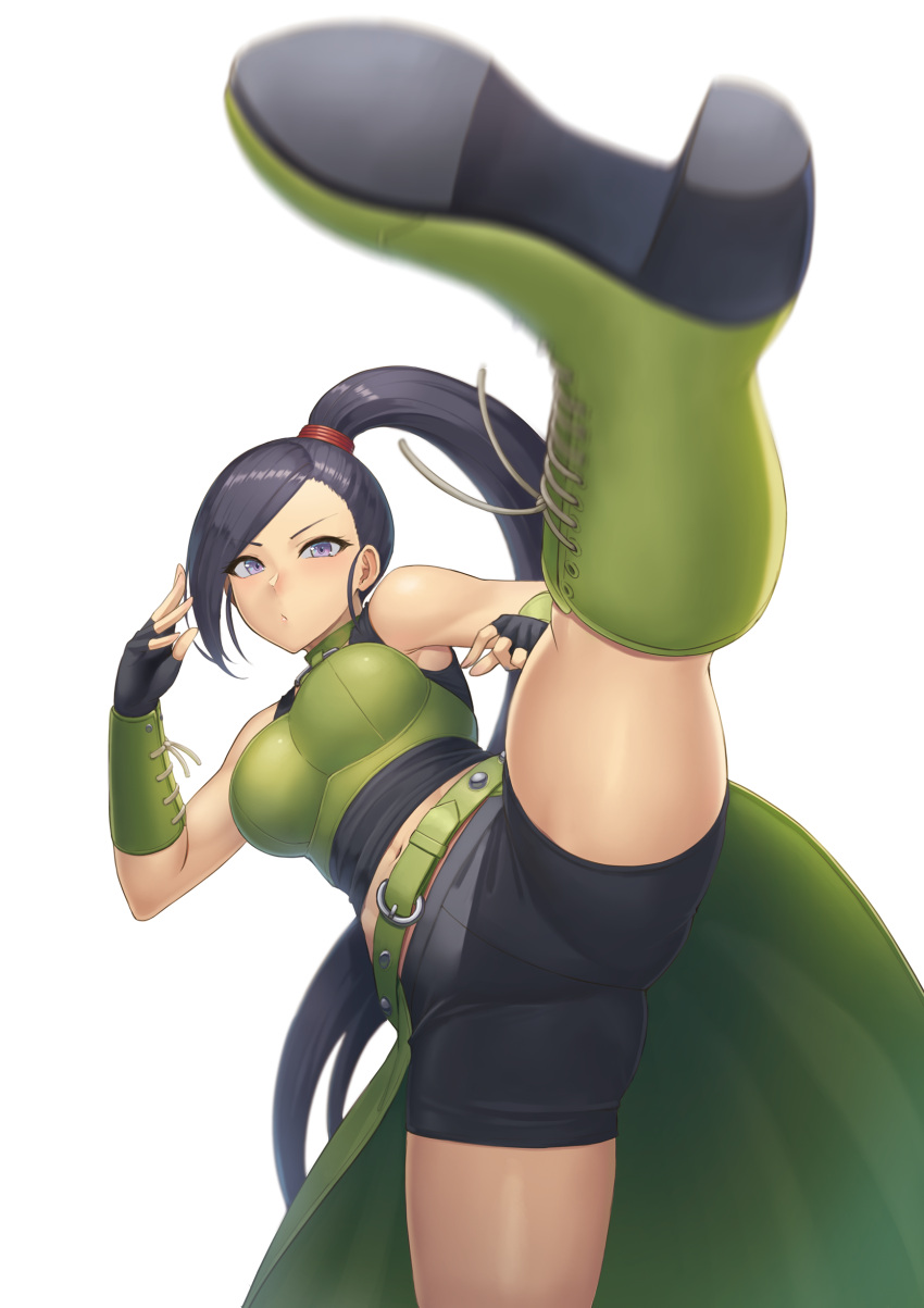 1girl absurdres asymmetrical_hair bare_shoulders belt bike_shorts black_gloves black_hair boots bracer breasts crop_top dragon_quest dragon_quest_xi fighting_stance fingerless_gloves gloves green_footwear highres kicking large_breasts long_hair martina_(dq11) midriff navel ponytail purple_eyes ranma_(kamenrideroz) shoe_soles simple_background sleeveless solo waist_cape white_background