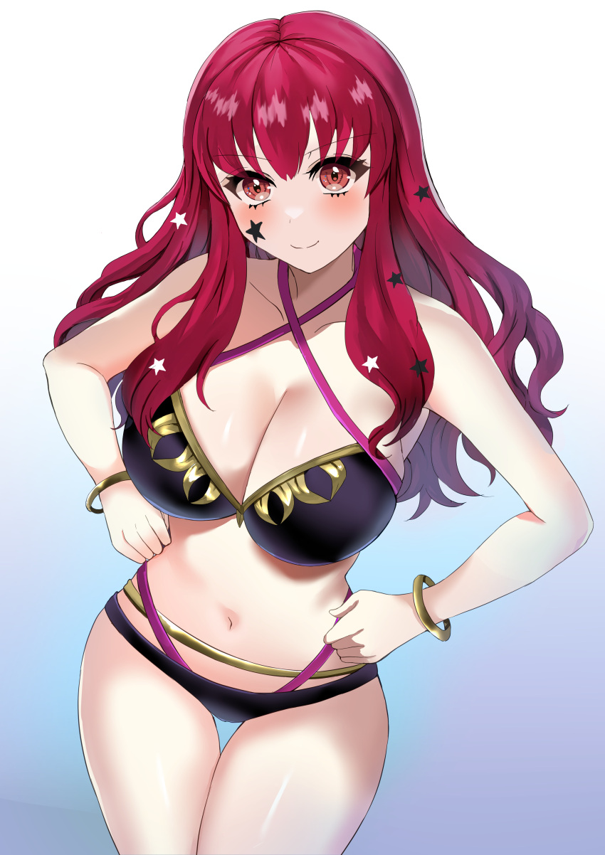 1girl absurdres alternate_costume bangs bikini black_bikini blush bracelet breasts cleavage collarbone commentary_request fire_emblem fire_emblem_engage hair_between_eyes hair_ornament hands_on_hips highres jewelry large_breasts long_hair looking_at_viewer navel red_eyes red_hair solo star_(symbol) star_hair_ornament stomach swimsuit tara_(szzj7733) thighs yunaka_(fire_emblem)