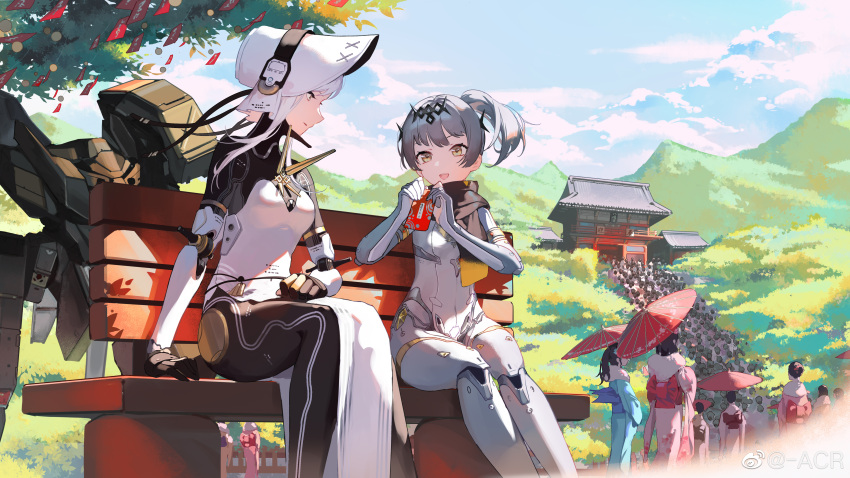 absurdres acr_(dash) bench blue_sky bonnet bush charm_(object) cloud cloudy_sky dress grey_hair haicma_(punishing:_gray_raven) highres japanese_clothes jumpsuit kimono mecha mechanical_parts mobile_suit mountain nanami_(punishing:_gray_raven) new_year official_art park_bench ponytail punishing:_gray_raven robot scarf sitting sky smile stairs temple tree umbrella white_dress white_hair yellow_eyes