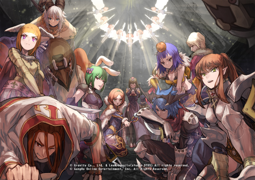 3boys 6+girls angel animal_ears apple_on_head armor armored_boots arrow_through_apple assassin_(ragnarok_online) assassin_cross_(ragnarok_online) bandages bangs belt bergamot_honda bird biretta black_pants black_shirt black_thighhighs black_wings blonde_hair blue_dress blue_eyes blue_hair bob_cut boobplate boots bow breastplate breasts brown_belt brown_cape brown_eyes brown_hair brown_shirt brown_skirt cape chainmail cleavage coat commentary_request crop_top cross crusader_(ragnarok_online) dagger demon_wings dress feet_out_of_frame frown full_body fur-trimmed_cape fur-trimmed_gloves fur-trimmed_jacket fur_trim gauntlets gloves green_eyes green_hair habit hair_bow head_wings high_ponytail highres holding holding_dagger holding_knife holding_staff holding_weapon jacket juliet_sleeves kiseru knife knight_(ragnarok_online) long_hair long_sleeves looking_at_viewer medium_breasts medium_hair midriff monk_(ragnarok_online) multiple_boys multiple_girls one_knee open_mouth owl_baron paladin_(ragnarok_online) pants pauldrons peco_peco pink_eyes pointy_ears praying priest_(ragnarok_online) puffy_sleeves purple_bow purple_dress purple_hair purple_shirt rabbit_ears ragnarok_online red_eyes red_jacket red_scarf reverse_grip rogue_(ragnarok_online) scarf shirt short_hair shoulder_armor skirt skull sleeveless sleeveless_shirt small_breasts smile smoking_pipe sniper_(ragnarok_online) staff thighhighs two-tone_shirt v-shaped_eyebrows vambraces weapon white_coat white_hair white_wings wings wizard_(ragnarok_online) yellow_gloves yellow_shirt