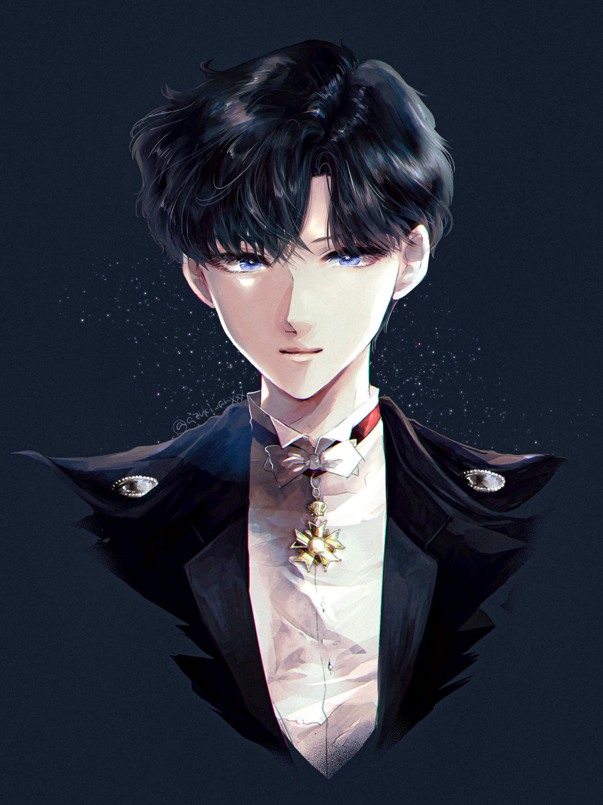 1boy absurdres bishoujo_senshi_sailor_moon bishounen black_hair blue_eyes bow bowtie chiba_mamoru cropped_shoulders dolcexxx highres lips male_focus short_hair smile solo tuxedo white_bow white_bowtie