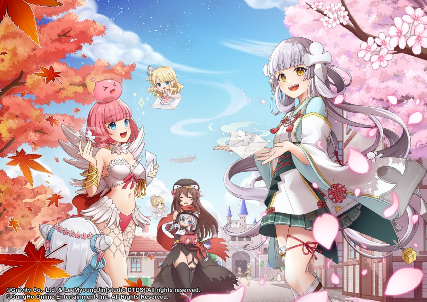 &gt;_&lt; 6+girls :3 autumn_leaves bangle bangs bikini black_gloves black_leotard black_thighhighs blossom_(ragnarok_online) blue_eyes blue_sky blunt_bangs blush boat bob_cut bow bracelet bracer breasts castle cherry_blossoms chibi closed_mouth cloud commentary_request cone_hair_bun dango day elbow_gloves feathered_wings feet_out_of_frame flat_chest food gloves green_skirt guillotine_cross_(ragnarok_online) hair_bun heart house japanese_clothes jewelry kafra_uniform kariginu large_bow leotard letter long_hair medium_breasts mismatched_bikini multiple_girls novice_(ragnarok_online) official_alternate_costume open_mouth outdoors pink_hair pleated_skirt pope_(ragnarok_online) poring ragnarok_online red_bikini red_bow red_scarf rifu_skr scarf shiki_(ragnarok_online) shikigami short_hair skia_nerius skirt sky slime_(creature) small_breasts smile socks spica_nerius swimsuit thighhighs torn_scarf tree wagashi wanderer_(ragnarok_online) watercraft white_bikini white_hair white_socks white_wings wings yellow_eyes