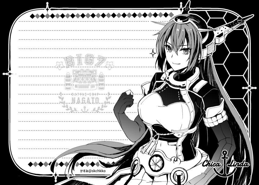 1girl anchor_symbol bangs breasts character_name clenched_hand closed_mouth elbow_gloves gloves greyscale hair_between_eyes headgear highres kantai_collection kasumi_(skchkko) large_breasts long_hair looking_at_viewer monochrome nagato_(kancolle) nagato_kai_ni_(kancolle) navel partially_fingerless_gloves solo tassel twitter_username very_long_hair