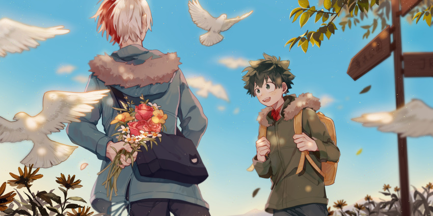 2boys :d absurdres alternate_costume amarouhi arm_behind_back atmospheric_perspective backpack bag bangs bird black_bag black_pants blue_jacket blue_sky blurry blurry_background blush boku_no_hero_academia branch chinese_commentary chinese_text collared_shirt daisy dappled_sunlight day depth_of_field dove english_commentary falling_leaves floating_clothes floating_hair flower freckles from_behind fur-trimmed_hood fur_trim green_eyes green_hair green_jacket grey_pants hands_up highres holding holding_flower holding_strap hood jacket leaf long_sleeves looking_at_another male_focus midoriya_izuku mixed-language_commentary mountain multicolored_hair multiple_boys open_mouth pants petals pink_flower pink_rose pocket red_flower red_hair red_rose red_shirt rose satchel shirt short_hair shoulder_bag signpost sky smile split-color_hair standing sticker straight_hair sunlight teeth todoroki_shouto two-tone_hair upper_body upper_teeth_only white_bird white_flower white_hair wind yellow_bag yellow_flower