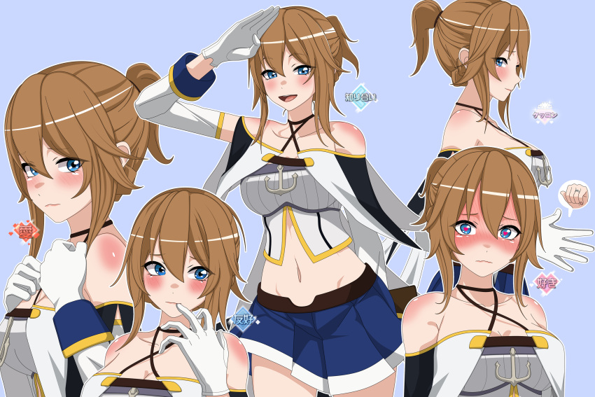 1girl :d arm_up azur_lane bangs bare_shoulders blue_background blue_capelet blue_eyes blue_skirt blush breasts brown_hair capelet closed_mouth collarbone commentary cowboy_shot criss-cross_halter crop_top detached_sleeves en_go_(kuro_nigiri) full-face_blush gloves groin hair_between_eyes halterneck hands_up hat heart heart-shaped_pupils highres jewelry large_breasts looking_at_viewer looking_away midriff mini_hat miniskirt navel nose_blush open_mouth pleated_skirt ponytail progression repulse_(azur_lane) ring salute shirt short_hair sidelocks simple_background skirt sleeveless sleeveless_shirt smile standing symbol-shaped_pupils upper_body wavy_mouth wedding_ring white_gloves white_shirt white_sleeves