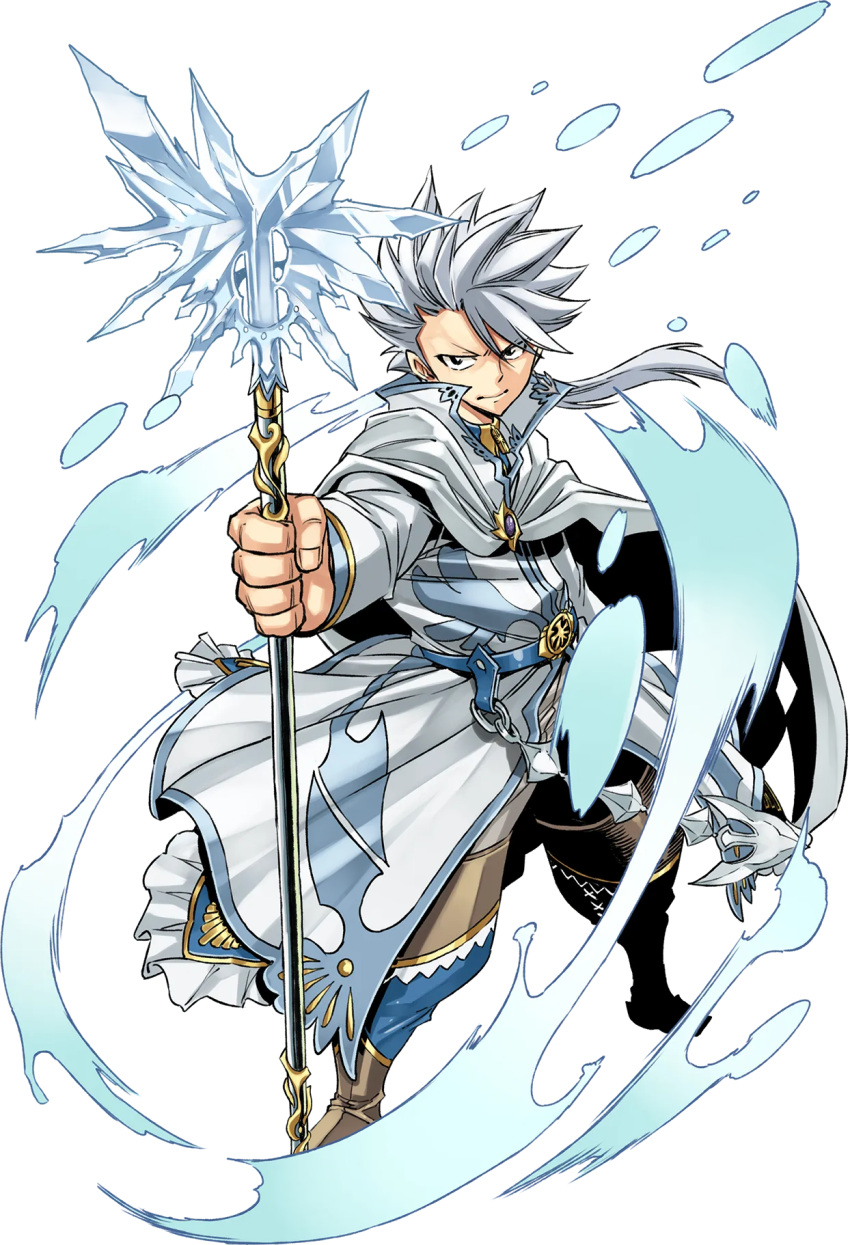 1boy bangs cheslion_(gate_of_nightmares) closed_mouth coat full_body gate_of_nightmares highres holding holding_scepter long_coat male_focus mashima_hiro official_art scepter short_hair simple_background solo spiked_hair third-party_source transparent_background white_coat white_hair