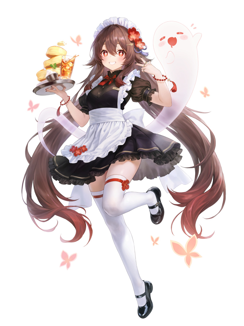 1girl absurdres adelie_cat alternate_costume apron bead_bracelet beads black_dress black_footwear boo_tao_(genshin_impact) bow bowtie bracelet breasts bug butter butterfly commentary cup dessert dress drink drinking_glass enmaided flower food frilled_dress frills full_body genshin_impact ghost grin hair_flower hair_ornament hairclip hand_up highres hitodama holding holding_tray hu_tao_(genshin_impact) jewelry long_hair looking_at_viewer maid maid_apron maid_headdress mary_janes name_tag pancake plum_blossoms puffy_short_sleeves puffy_sleeves red_bow red_bowtie red_flower ring shoes short_sleeves small_breasts smile souffle_pancake standing standing_on_one_leg tassel thighhighs tray twintails very_long_hair w white_thighhighs zettai_ryouiki