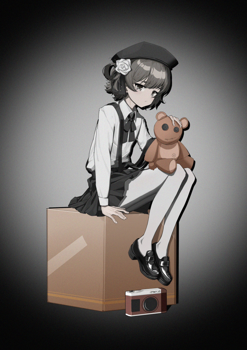 1girl absurdres beret black_bow black_bowtie black_footwear black_headwear black_ribbon black_skirt bow bowtie box camera cardboard_box collared_shirt flower frown gradient_background grey_eyes grey_hair hair_rings hat hatoba_tsugu helenhe highres loafers mole mole_under_eye on_box pantyhose ribbon rose shirt shoes short_hair sitting skirt solo stuffed_animal stuffed_toy suspender_skirt suspenders suspenders_slip teddy_bear tsugu_(vtuber) virtual_youtuber white_flower white_pantyhose white_rose white_shirt