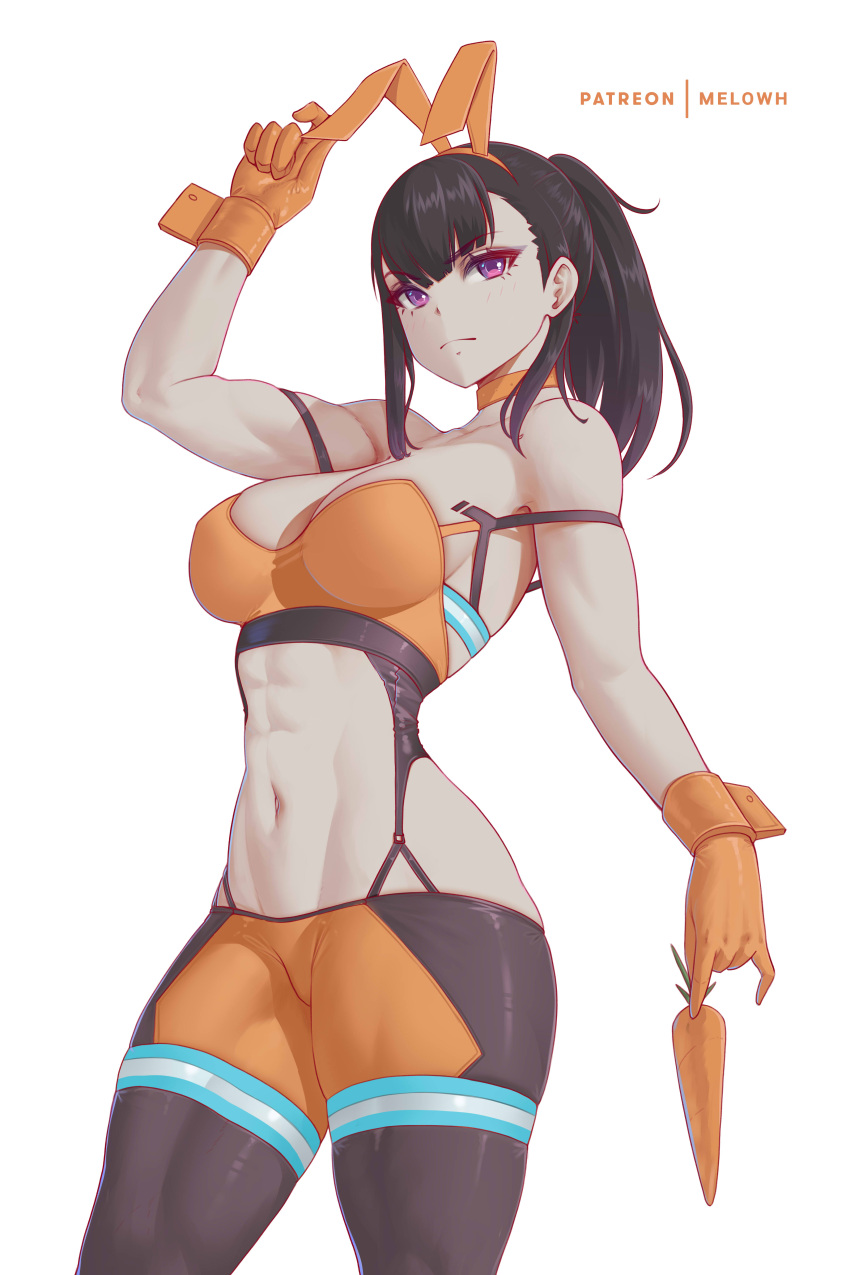 1girl abs absurdres animal_ears arm_up black_hair breasts carrot closed_eyes en'en_no_shouboutai fake_animal_ears frown gloves highres holding holding_carrot large_breasts long_hair looking_at_viewer maki_oze melowh multicolored_pantyhose navel orange_gloves ponytail purple_eyes rabbit_ears solo thighs toned white_background wrist_cuffs