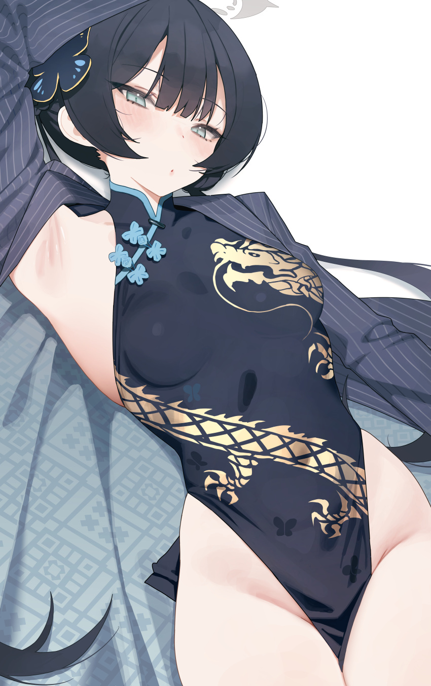 1girl absurdres arm_up armpits bangs bare_shoulders black_dress black_gloves black_hair blue_archive blue_eyes braid braided_bun breasts butterfly_hair_ornament china_dress chinese_clothes covered_navel double_bun dragon_print dress gloves grey_eyes grey_jacket hair_bun hair_ornament halo highres jacket kisaki_(blue_archive) long_hair looking_at_viewer mochirong pelvic_curtain print_dress short_dress side_slit sleeveless sleeveless_dress small_breasts solo striped striped_jacket twintails vertical-striped_jacket vertical_stripes