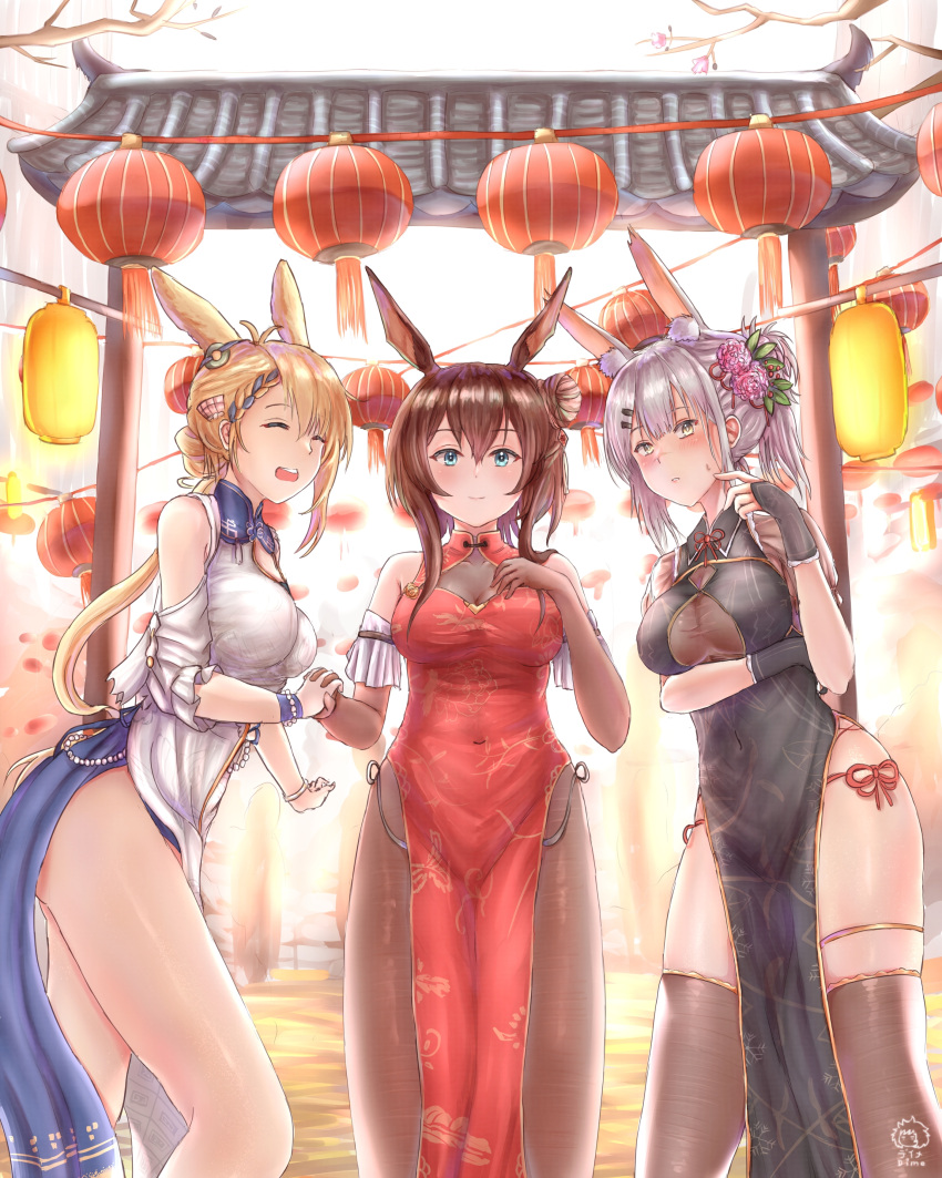 3girls :d absurdres alternate_costume amiya_(arknights) animal_ear_fluff animal_ears anus arch arknights artist_name asymmetrical_bangs asymmetrical_clothes bangs bare_shoulders black_dress blonde_hair blue_eyes blush bodystocking_under_clothes breasts brown_gloves brown_hair china_dress chinese_clothes cleavage closed_eyes closed_mouth covered_navel day detached_sleeves dime-san dress elbow_gloves feet_out_of_frame frostnova_(arknights) gloves grey_hair hair_bun hand_on_own_chest highres interlocked_fingers kroos_(arknights) kroos_the_keen_glint_(along_the_corridor)_(arknights) kroos_the_keen_glint_(arknights) lantern large_breasts long_hair long_sleeves looking_at_viewer low_ponytail multiple_girls official_alternate_costume open_mouth outdoors panties paper_lantern parted_lips pelvic_curtain ponytail rabbit_ears red_panties red_ribbon ribbon scar scar_on_face scar_on_nose short_hair side-tie_panties single_hair_bun single_side_bun smile standing sweatdrop thighs underwear white_dress yellow_eyes
