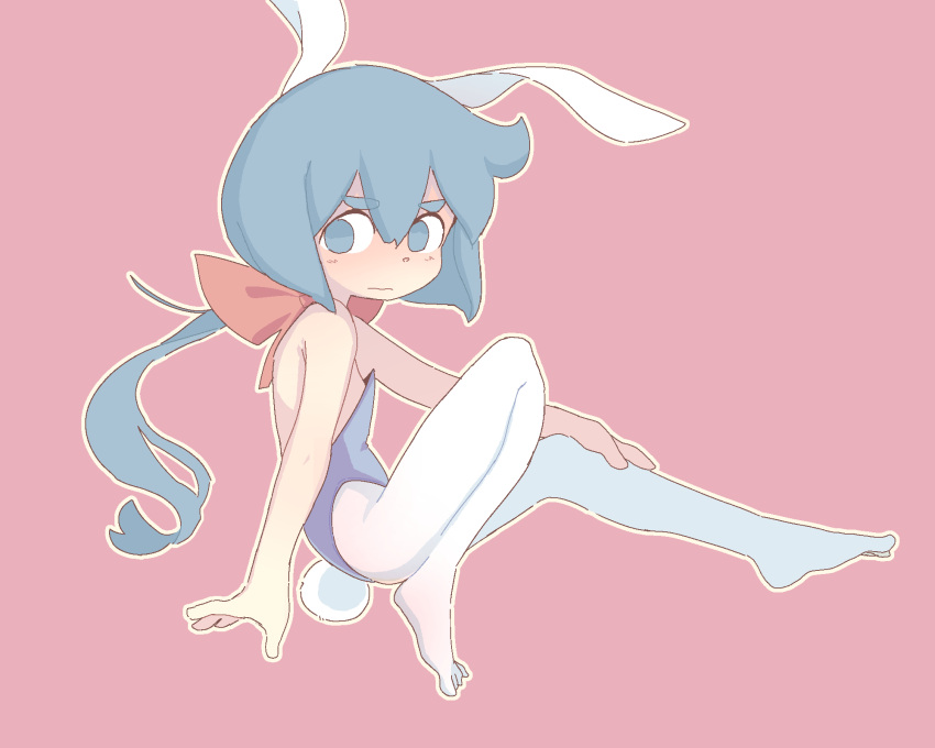 1girl animal_ears bangs bare_shoulders blue_eyes blue_hair blue_leotard bob_cut closed_mouth constanze_amalie_von_braunschbank-albrechtsberger cowlick dot_nose fake_animal_ears fake_tail flat_chest from_side full_body hair_between_eyes hair_ribbon hand_on_own_knee highres leotard light_blush little_witch_academia looking_at_viewer medium_hair no_pupils orenji_(wholesomeorenji) outline outstretched_arm pantyhose pink_background playboy_bunny rabbit_ears rabbit_tail red_ribbon ribbon short_eyebrows simple_background solo straight_hair tail thick_eyebrows wavy_mouth white_outline white_pantyhose