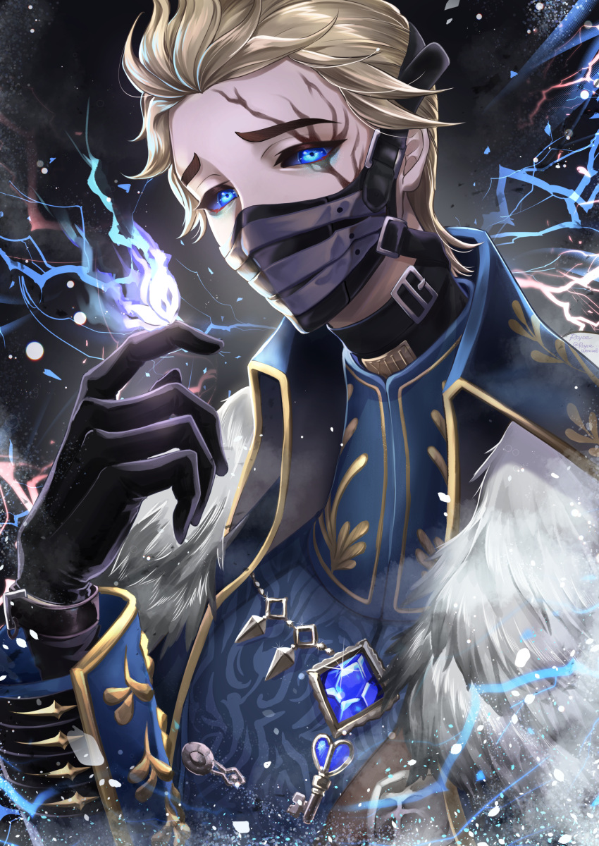 1boy absurdres alva_lorenz alva_lorenz_(warden) animal_on_hand annojou_haruto black_gloves black_sclera black_shirt blonde_hair blue_cape blue_eyes blue_gemstone blue_jacket bug cape collared_cape colored_sclera electricity facial_mark fur-trimmed_cape fur_trim gem glint gloves hair_slicked_back highres identity_v jacket key looking_at_viewer male_focus mask moth mouth_mask official_alternate_costume shirt short_hair snow solo upper_body