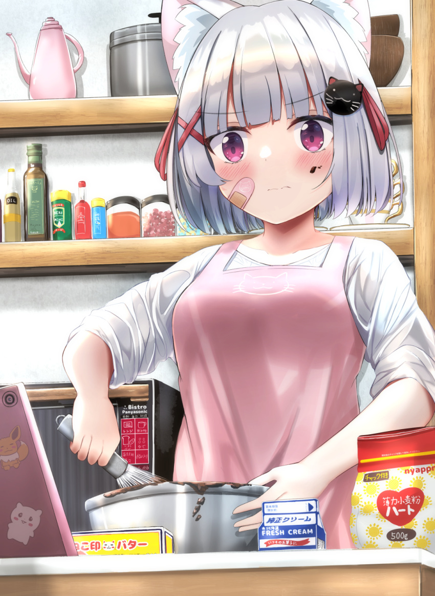 1girl animal_ear_fluff animal_ears apron ashitaba_kemo bad_arm bandaid bandaid_on_cheek bandaid_on_face bangs blush bottle bowl breasts cat_ears cat_hair_ornament chocolate chocolate_on_face closed_mouth commentary_request food food_on_face grey_hair hair_ornament hair_ribbon highres holding holding_bowl indoors medium_breasts original pink_apron red_ribbon ribbon shirt short_sleeves solo upper_body wavy_mouth whisk white_shirt x_hair_ornament