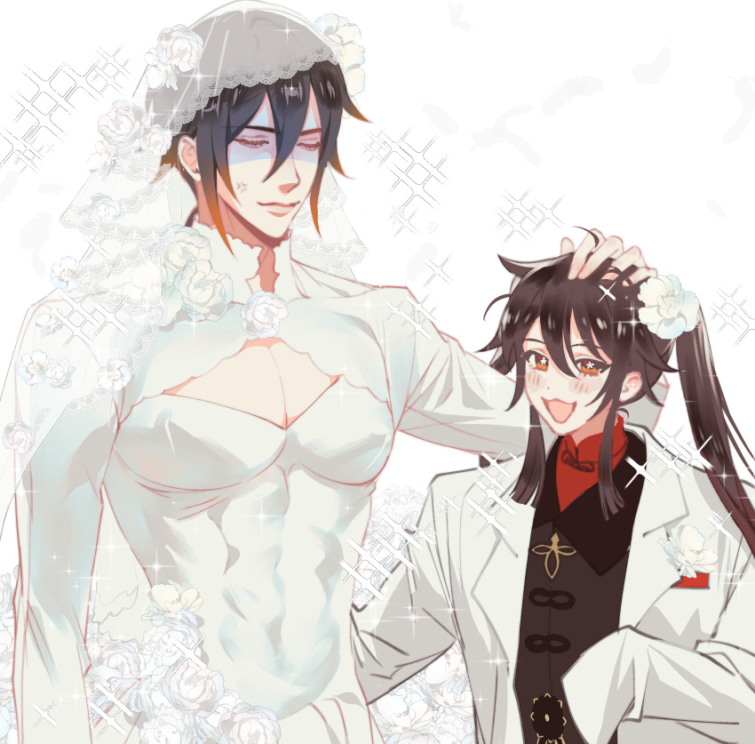 1boy 1girl abs absurdres anger_vein bangs black_hair blush bride brown_hair cleavage_cutout clothing_cutout dress english_text falling_feathers flower flower-shaped_pupils genshin_impact gradient_hair groom hair_between_eyes hand_on_another's_back hand_on_another's_head height_difference highres hu_tao_(genshin_impact) jewelry jullian_sama long_hair long_sleeves looking_at_viewer multicolored_hair open_mouth red_eyes red_shirt ring role_reversal rose shirt smile sparkle star-shaped_pupils star_(symbol) symbol-shaped_pupils toned toned_male twintails upper_body wedding wedding_dress wedding_ring white_flower white_rose zhongli_(genshin_impact)