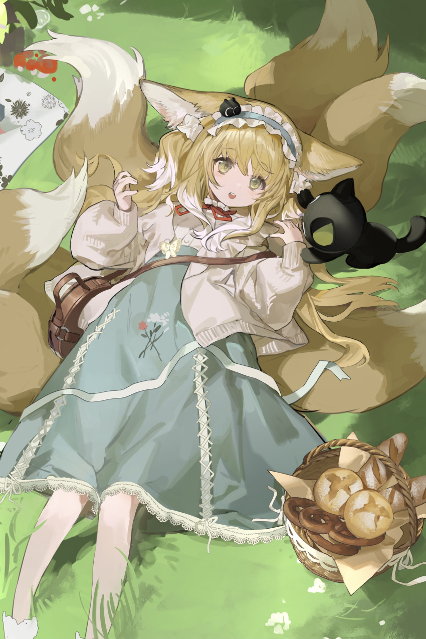 1girl :o absurdres animal_ears arknights bag baguette bangs basket black_cat blonde_hair blue_hairband blue_skirt bread bread_bun bug butterfly cardigan cat colored_tips commentary_request feet_out_of_frame food fox_ears fox_girl fox_tail frilled_hairband frills green_eyes hairband highres lace-trimmed_skirt lace_trim long_hair long_sleeves luoxiaohei lying multicolored_hair multiple_tails neck_ribbon official_alternate_costume on_back open_cardigan open_clothes open_mouth outdoors pretzel red_ribbon ribbon shirt shoulder_bag skirt suzuran_(arknights) suzuran_(spring_praise)_(arknights) tail teeth the_legend_of_luo_xiaohei upper_teeth_only white_cardigan white_hair white_shirt xianchong_shi