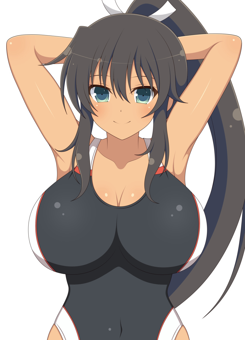 1girl absurdres armpits arms_behind_head arms_up bangs black_hair black_one-piece_swimsuit blush breasts cleavage closed_mouth collarbone competition_swimsuit covered_navel dark-skinned_female dark_skin dot_nose hair_between_eyes high_ponytail highres homura_(senran_kagura) ichiryuu_tsumiki large_breasts long_hair one-piece_swimsuit senran_kagura simple_background smile solo swimsuit upper_body very_long_hair