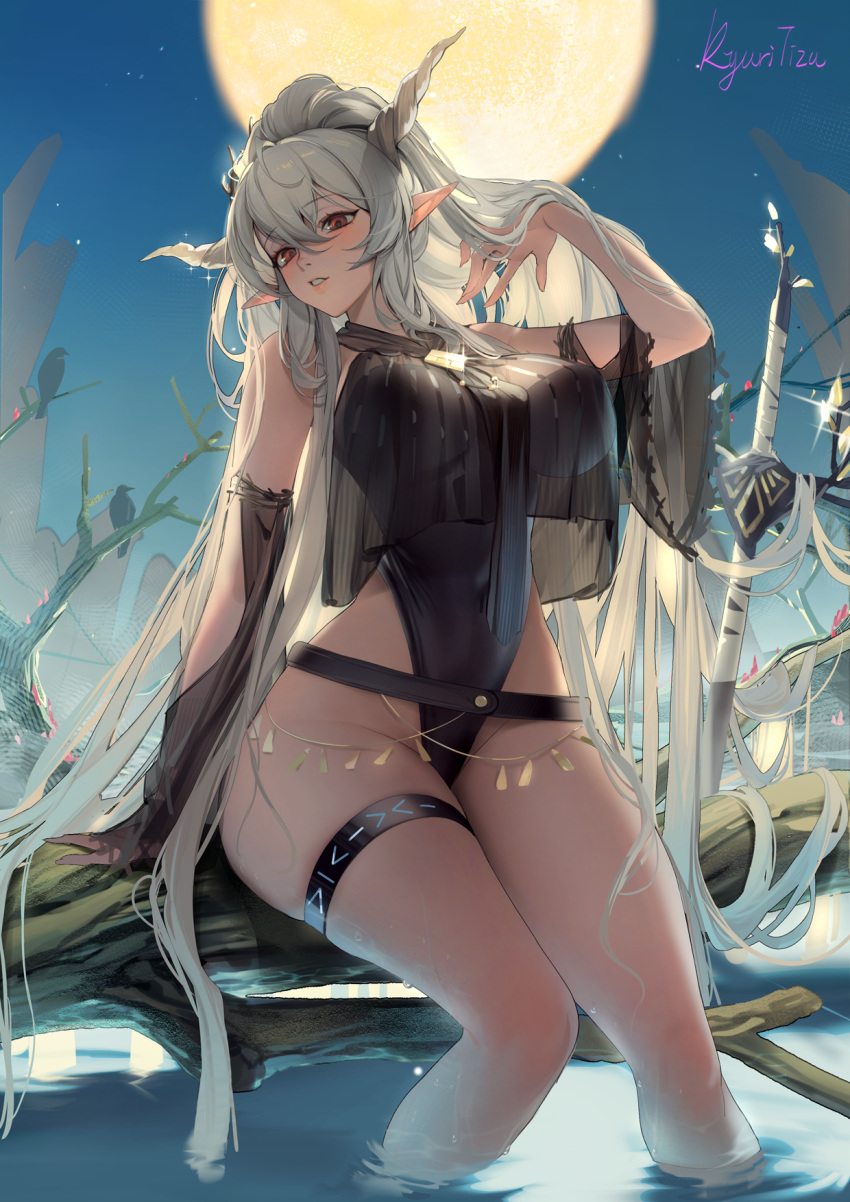 1girl arknights bangs bare_shoulders belt black_belt black_one-piece_swimsuit breast_curtain breasts covered_navel hair_between_eyes hand_in_own_hair highleg highleg_swimsuit highres horns infection_monitor_(arknights) kyuri_tizu large_breasts light_blush long_hair looking_at_viewer naughty_face official_alternate_costume one-piece_swimsuit parted_lips perky_breasts red_eyes shaded_face shining_(arknights) shining_(silent_night)_(arknights) sitting_on_log skindentation solo swimsuit teeth thick_thighs thigh_strap thighs tree upper_body very_long_hair water white_hair