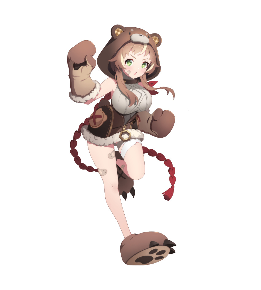 +_+ 1girl :o absurdres animal_costume animal_hood animal_shoes artist_request bandages bandaid bear_costume bear_hood blush breasts brown_gloves brown_hair clenched_hands dora_(eversoul) eversoul full_body game_cg gloves green_eyes highres hood large_breasts leg_up miniskirt multicolored_hair official_art skirt sleeveless sleeveless_turtleneck solo sparkle streaked_hair sweater tachi-e transparent_background turtleneck turtleneck_sweater